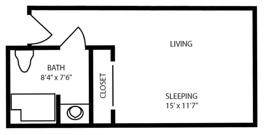Studio assisted living floor plan in Pensacola, Florida.