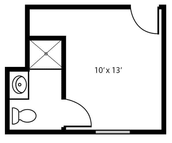 Memory care private studio apartment floor plan in Pensacola, Florida.