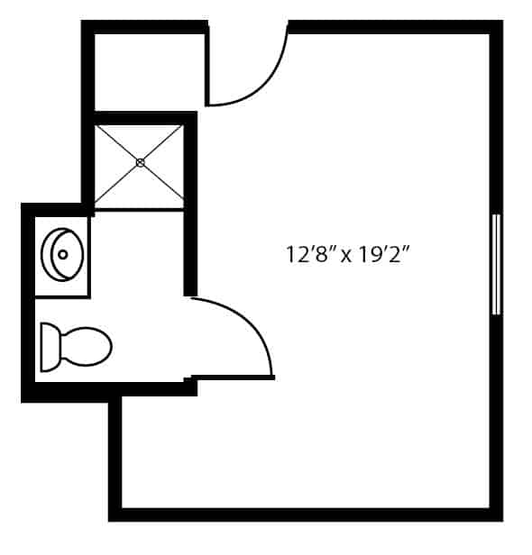 Memory care semi private studio apartment floor plan in Pensacola, Florida.