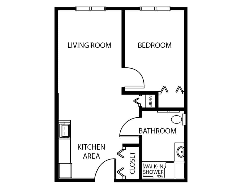 Assisted living one-bedroom apartment floor plan in Hartford, Wisconsin.