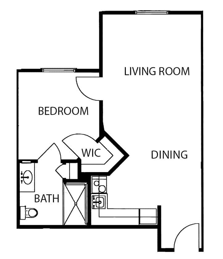 Independent living one-bedroom apartment floor plan in Ridgeland, Mississippi.