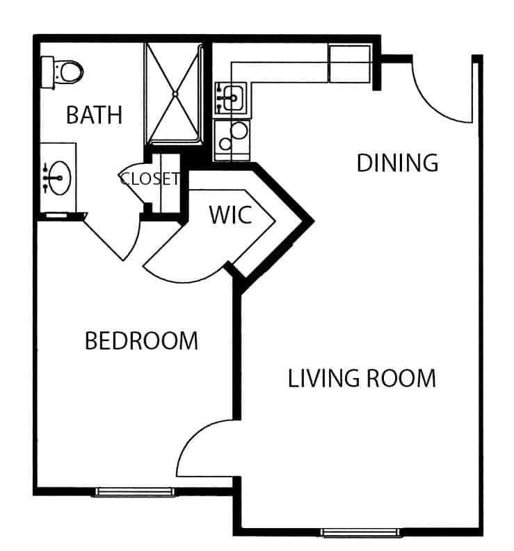 Independent living one bedroom floorplan in Ridgeland, Mississippi.
