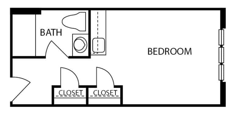 Assisted living studio apartment floor plan in Virginia Beach, Virginia.