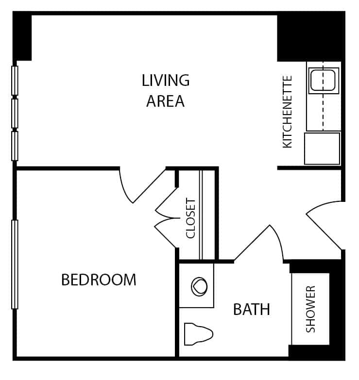 Assisted living one-bedroom, one-bathroom apartment floor plan in Virginia Beach, Virginia.