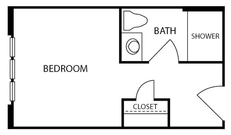 Assisted living studio apartment floor plan in Virginia Beach, Virginia.