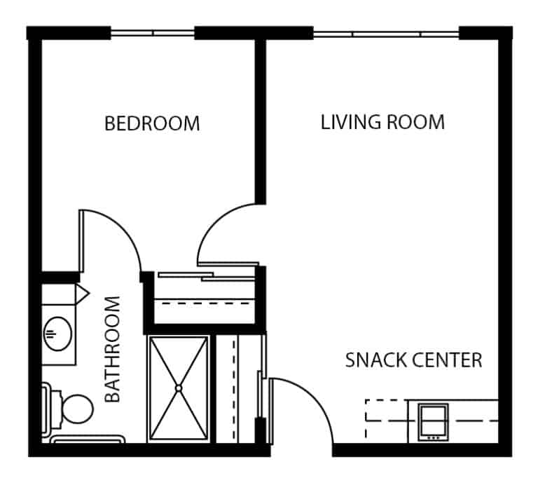 Assisted living one bedroom suite apartment floor plan in West Bend, Wisconsin.