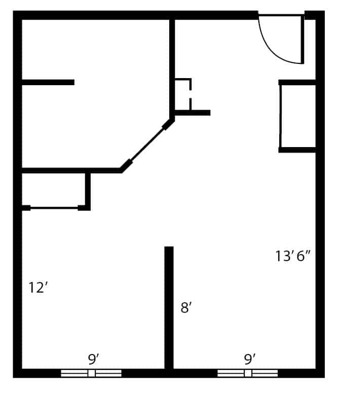Assisted living one bedroom, one bathroom apartment floor plan.