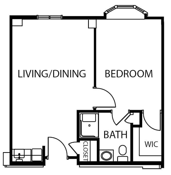 Assisted living one-bedroom apartment floor plan in Cincinnati, Ohio.