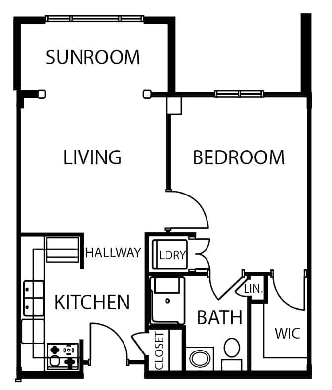 Independent living one bedroom with sunroom apartment floor plan in Cincinnati, Ohio.
