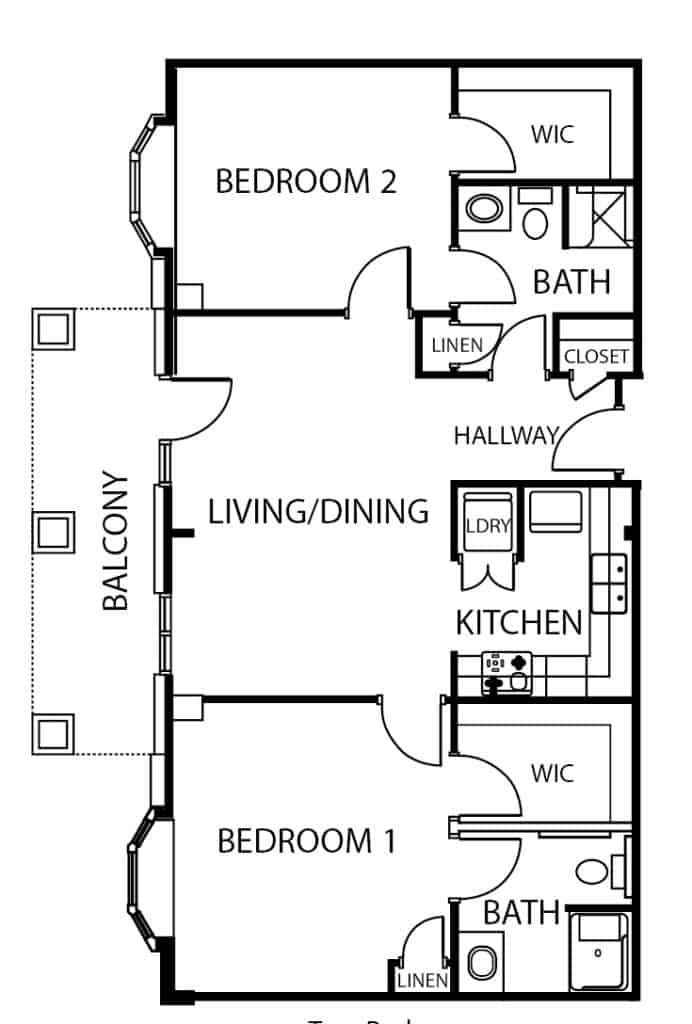 Independent living two-bedroom, two-bathroom apartment floor plan in Cincinnati, Ohio.