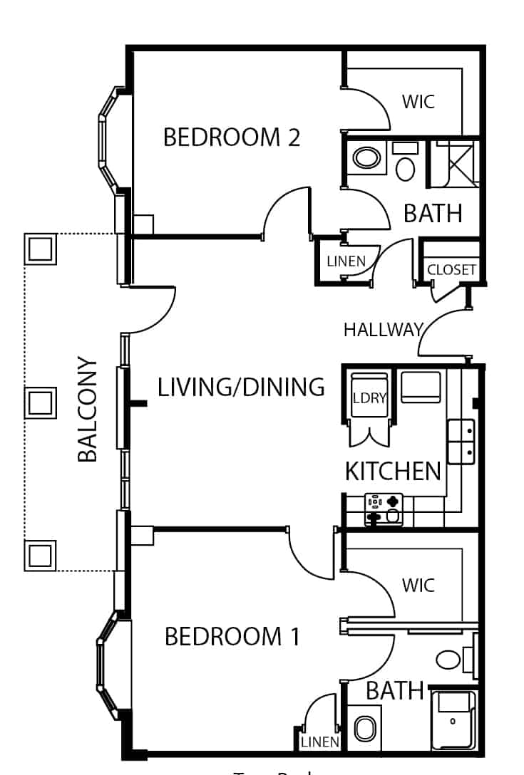 Independent living two-bedroom, two-bathroom apartment floor plan in Cincinnati, Ohio.
