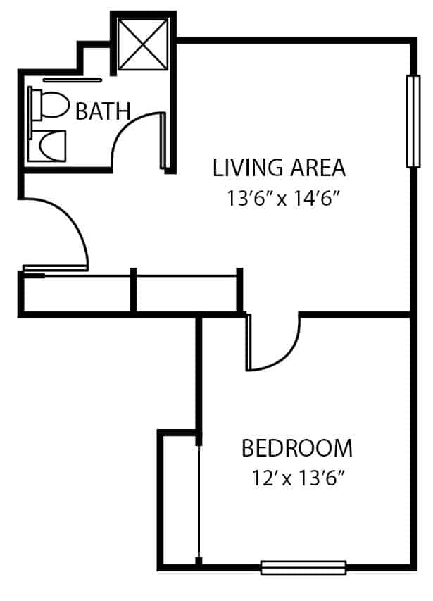 Assisted living one-bedroom apartment floor plan in Columbiana, Ohio.