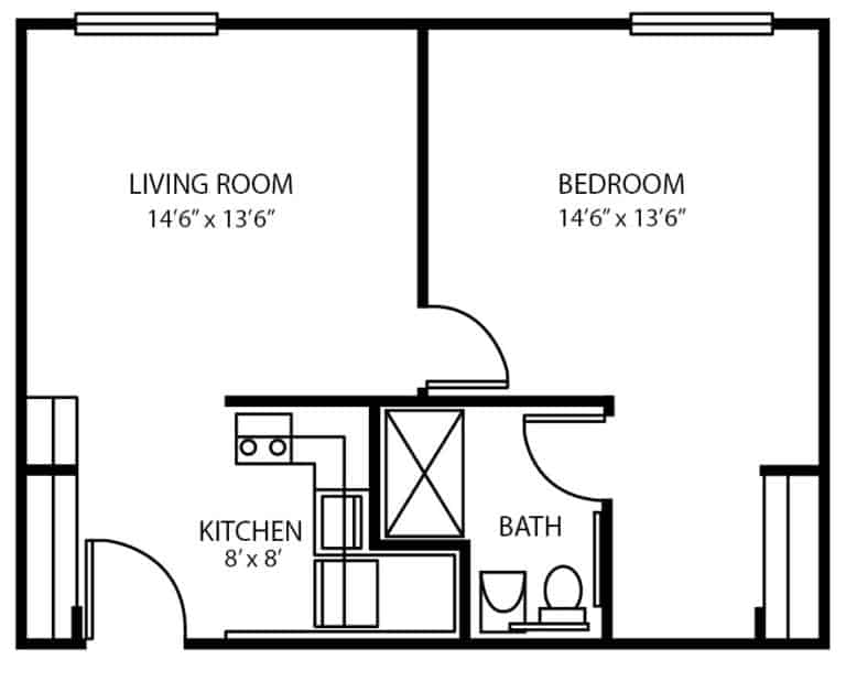 Assisted living one-bedroom, one-bathroom apartment floor plan in Columbiana, Ohio.