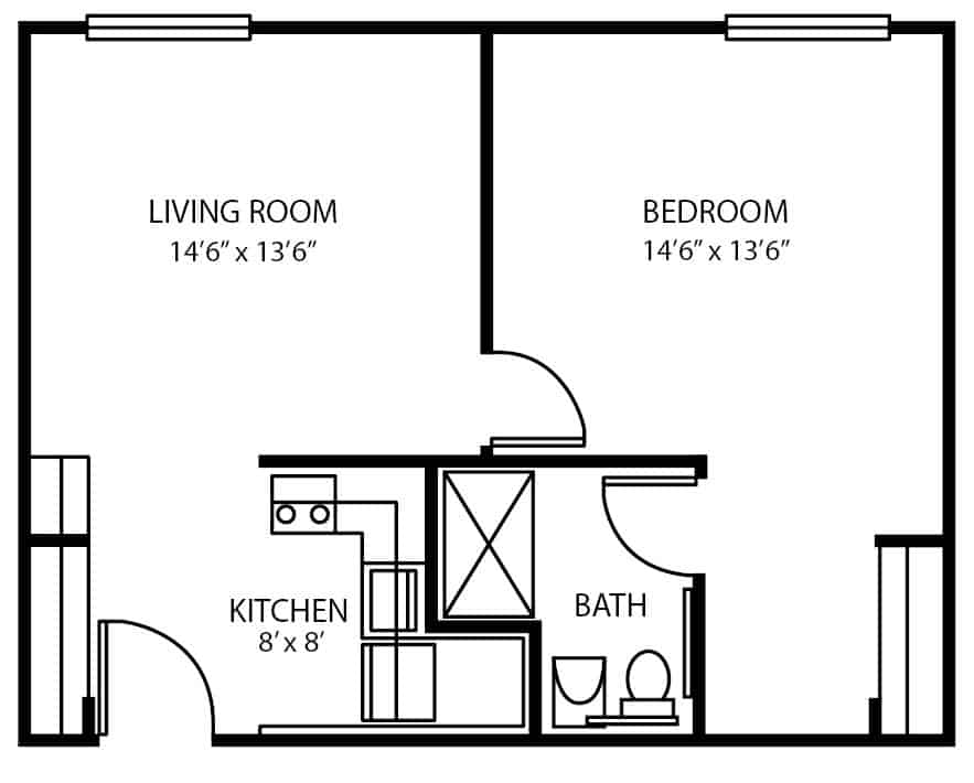 Assisted living one-bedroom, one-bathroom apartment floor plan in Columbiana, Ohio.