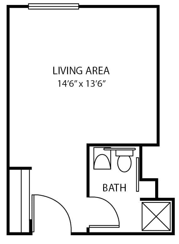 Assisted living studio apartment floor plan in Columbiana, Ohio.