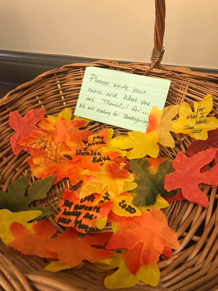 Thanksgiving basket that contains what senior residents are thankful for in their lives.