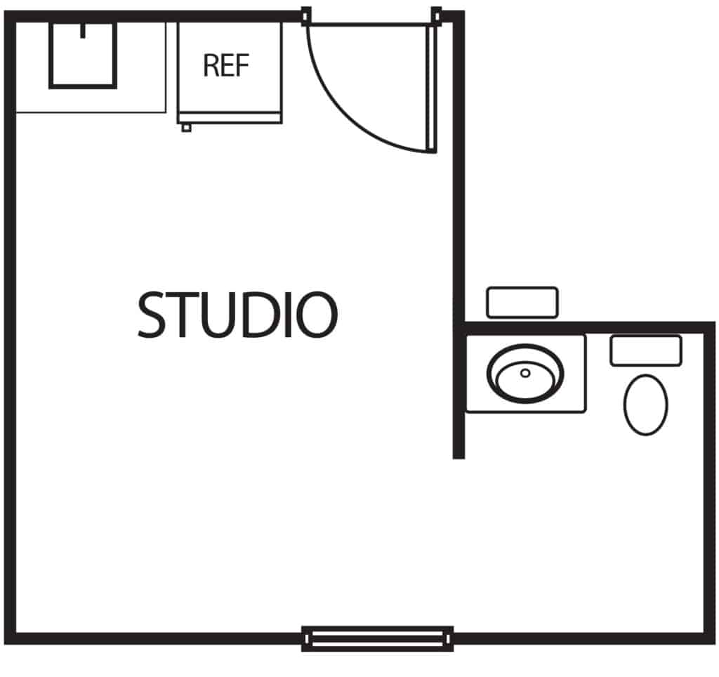 Memory care studio apartment layouts featuring a kitchenette and half bath in Keller, Texas.