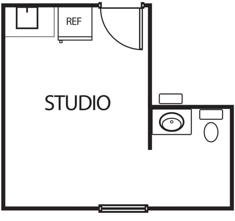 Memory care studio apartment layouts featuring a kitchenette and half bath in Keller, Texas.