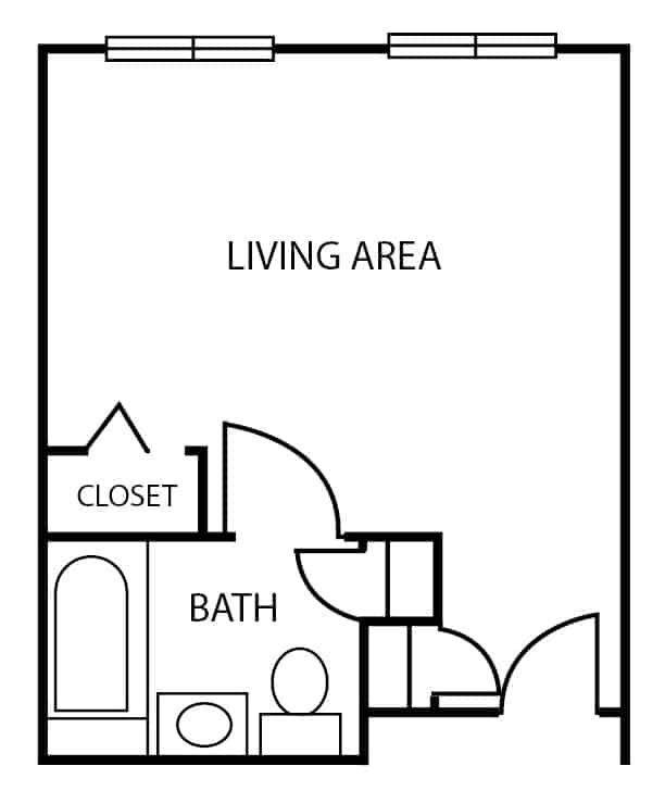 Periwinkle studio apartment floor plan at The Waterford at Corpus Christi in Corpus Christi, Texas.