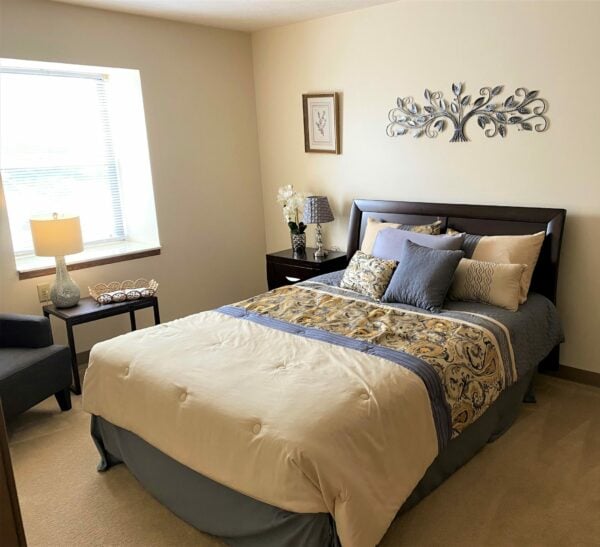 Bedroom in a senior apartment at a senior living facility in Canton, Ohio.
