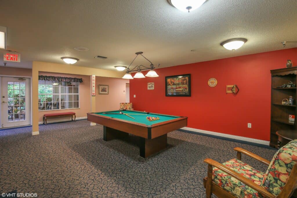 billiards table at the waterford at carpenter\'s creek senior living community in pensacola, florida