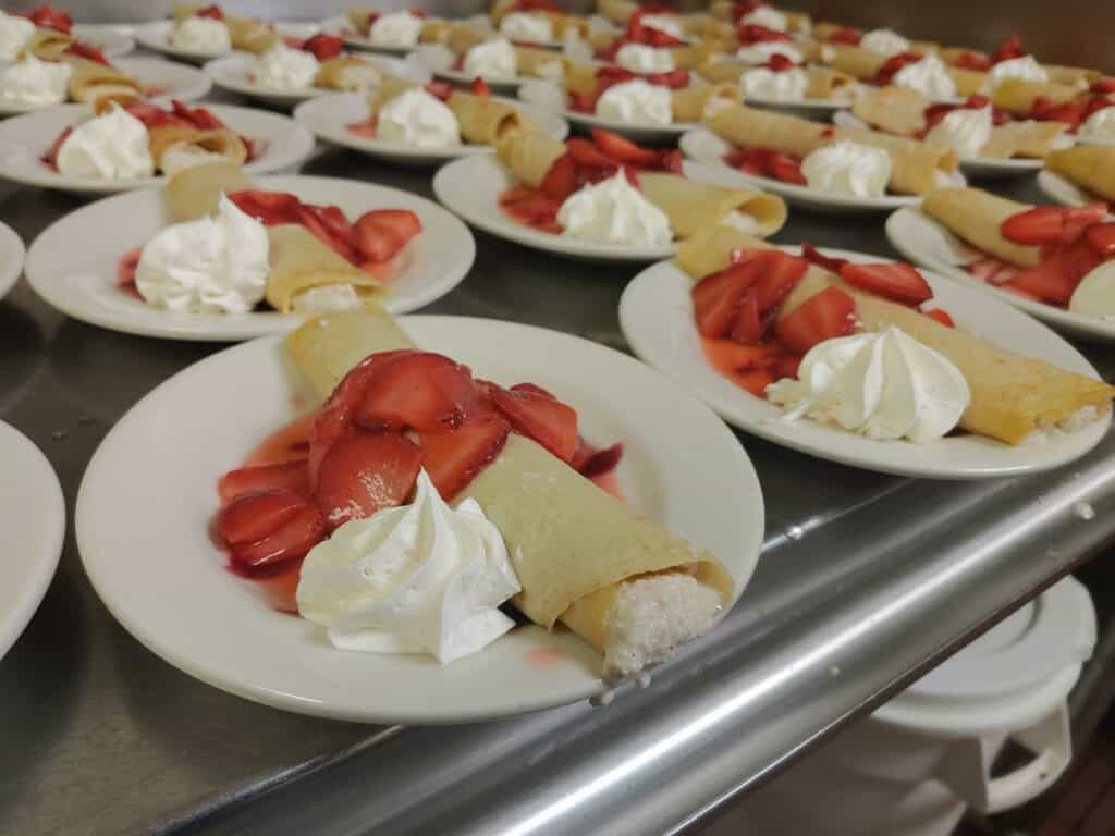 Crepes with strawberries and whipped cream at the Waterford at Ironbridge senior living community in Springfield, Missouri.