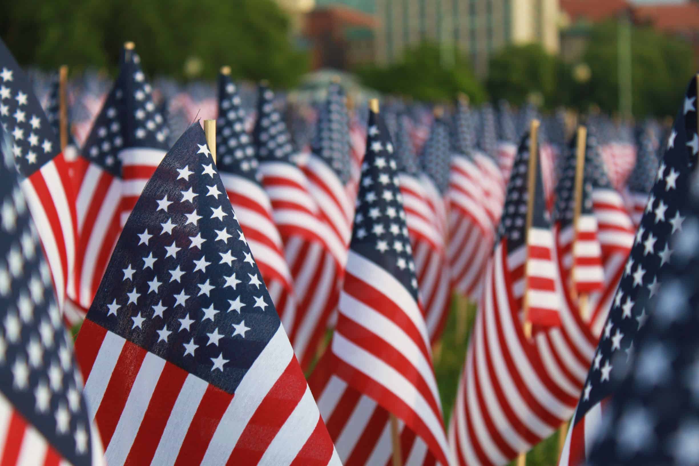 American flags adorn a lawn on Memorial Day.