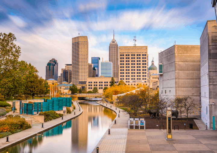 The skyline of Indianapolis, Indiana where there are many senior living communities.