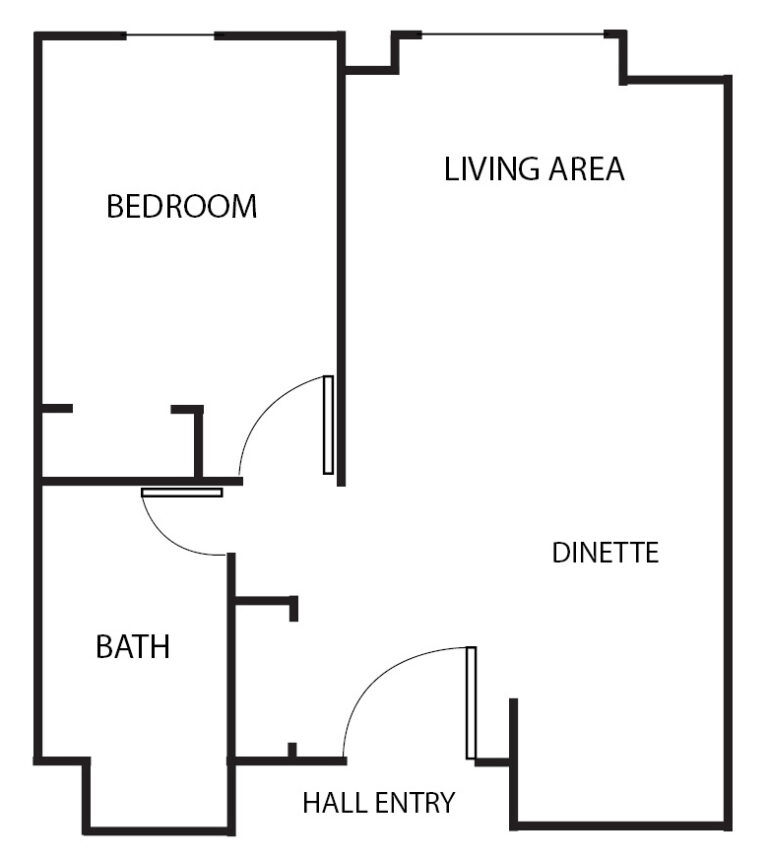 one bedroom apartment with bathroom, living area and dinette