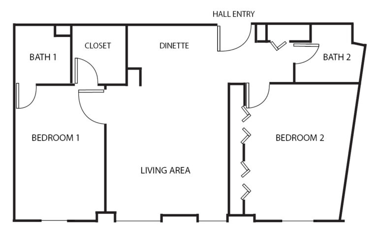 two bedroom apartment with two bathrooms, living space and dinette