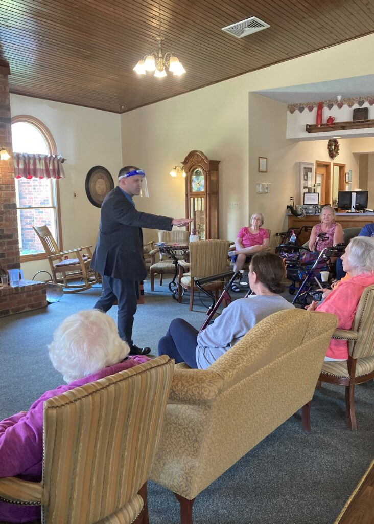 Magician performs at a senior living community in Greenwood, Indiana.