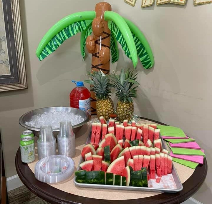laurelhurst and laurelwoods had a Hawaiian-themed party with watermelon slices for residents