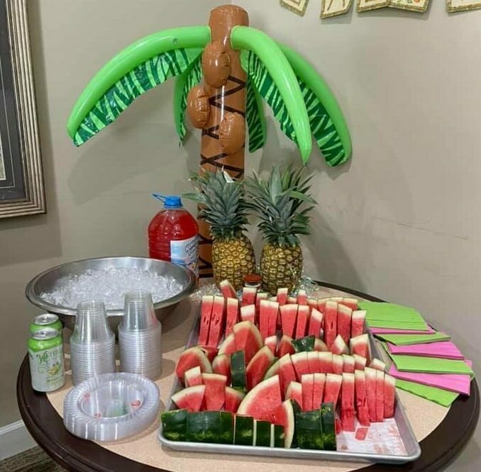 laurelhurst and laurelwoods had a Hawaiian-themed party with watermelon slices for residents
