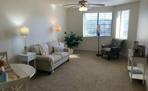 living room area with couch, chair, ceiling fan and table