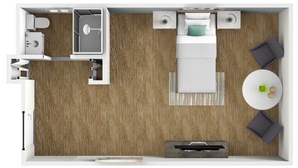 large studio apartment with private bathroom and closets