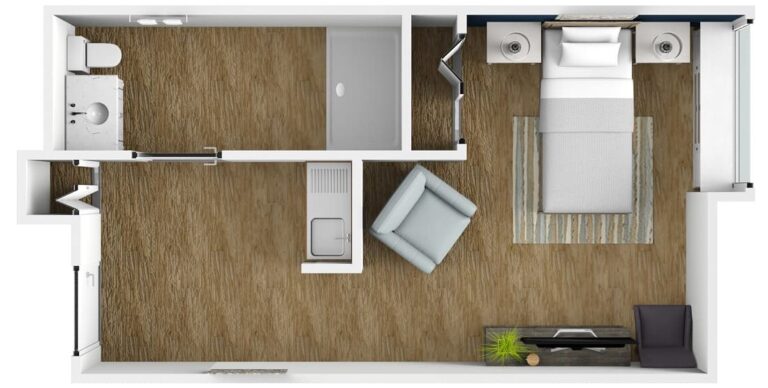 studio apartment with kitchenette and private bathroom