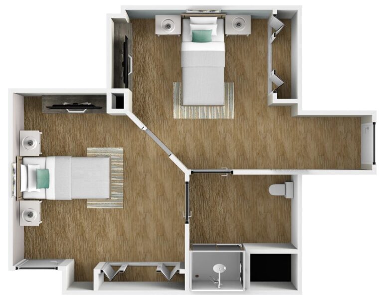 two-bedroom apartment with separate bedrooms and a shared bathroom