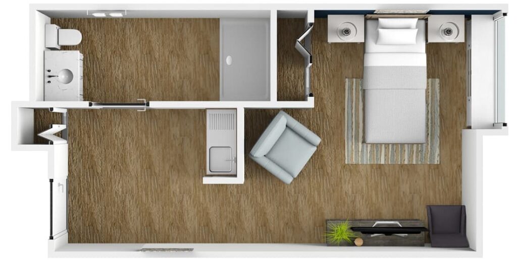 studio apartment with kitchenette and bathroom