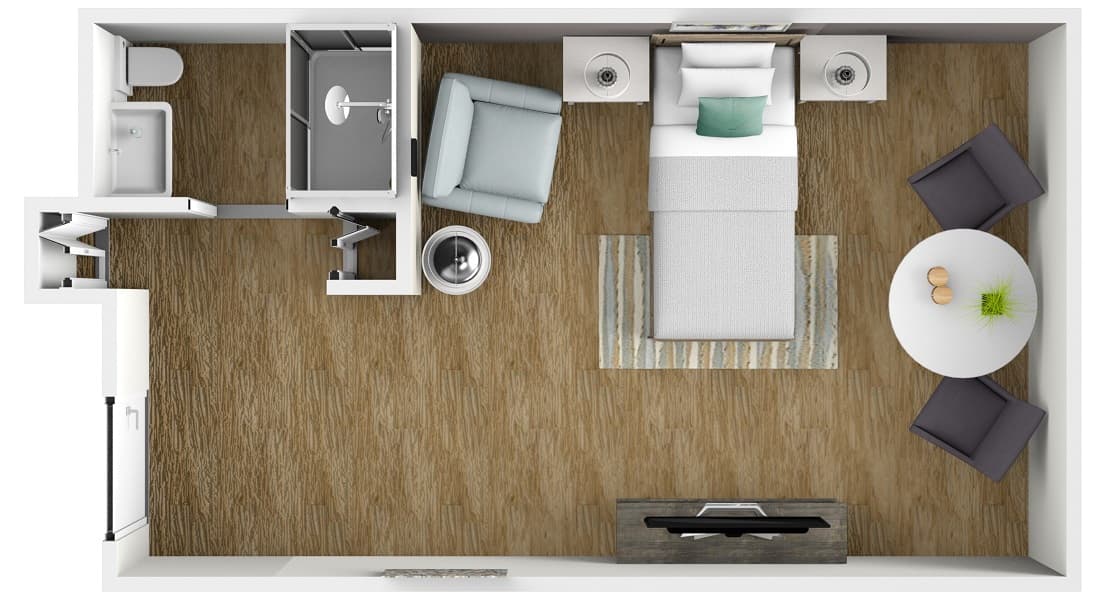 Large studio apartment layout with a private bathroom and two closets