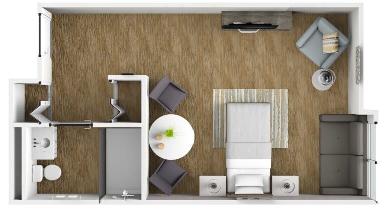 large studio apartment with a private bathroom