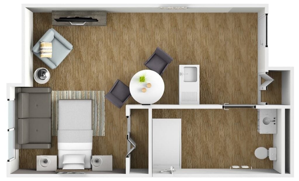 studio apartment with a private bathroom and kitchenette