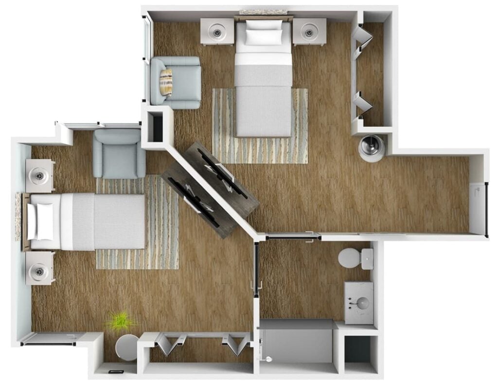 two-bedroom apartment with separate bedrooms and a shared bathroom