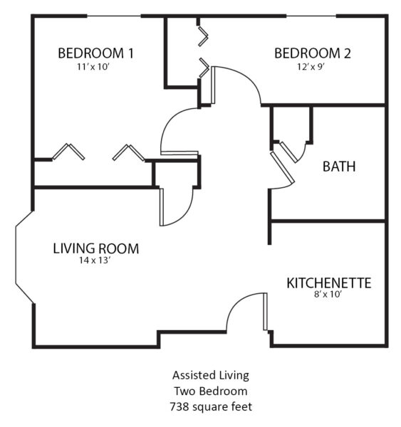 two bedroom apartment with one bathroom, living room and kitchenette