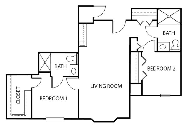 two-bedroom apartment with living room, two bathrooms, kitchenette and large closets