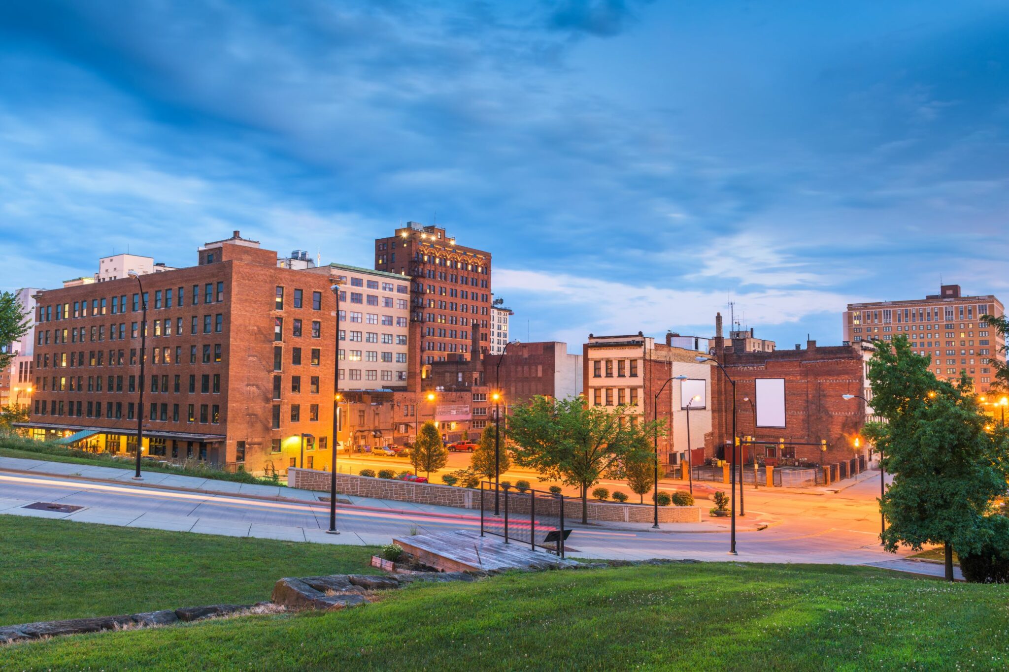 Youngstown, Ohio downtown road and townscape at twilight