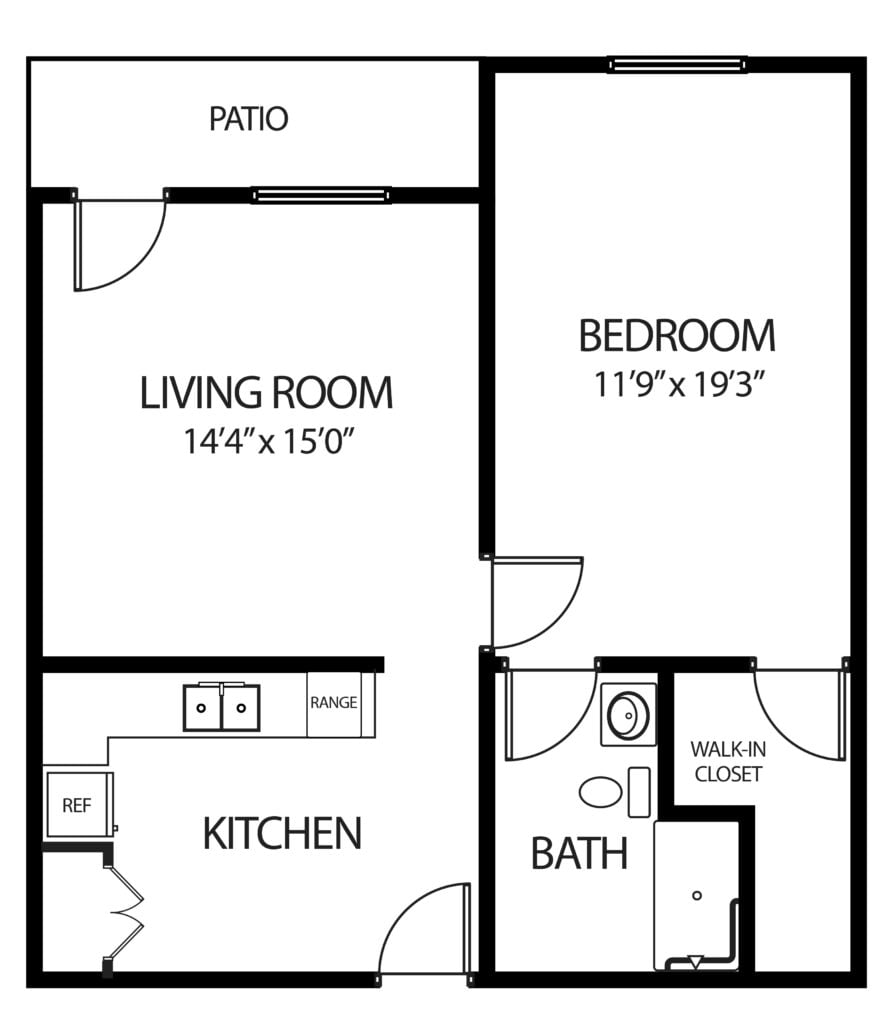 one-bedroom apartment with living room, bathroom, walk-in closet, kitchen and patio