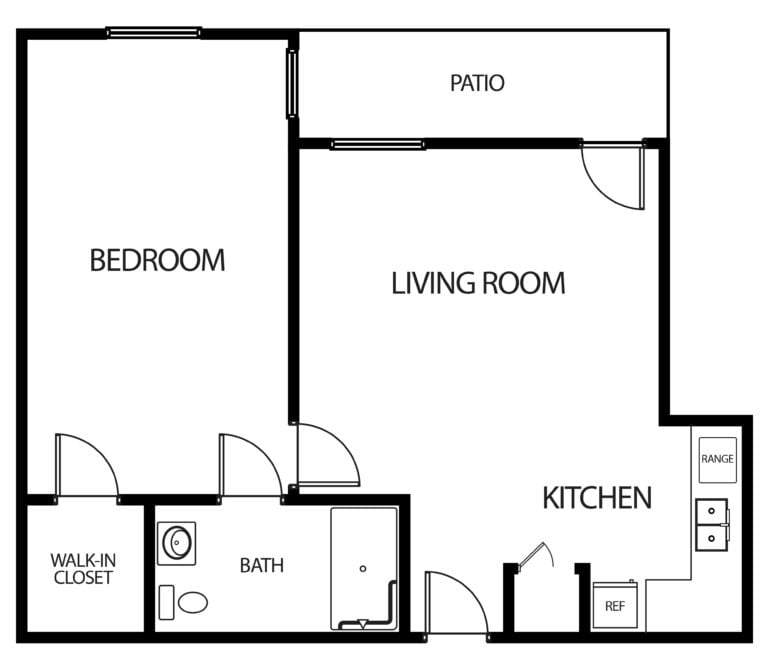 one-bedroom apartment with living room, bathroom, walk-in closet, kitchen and patio