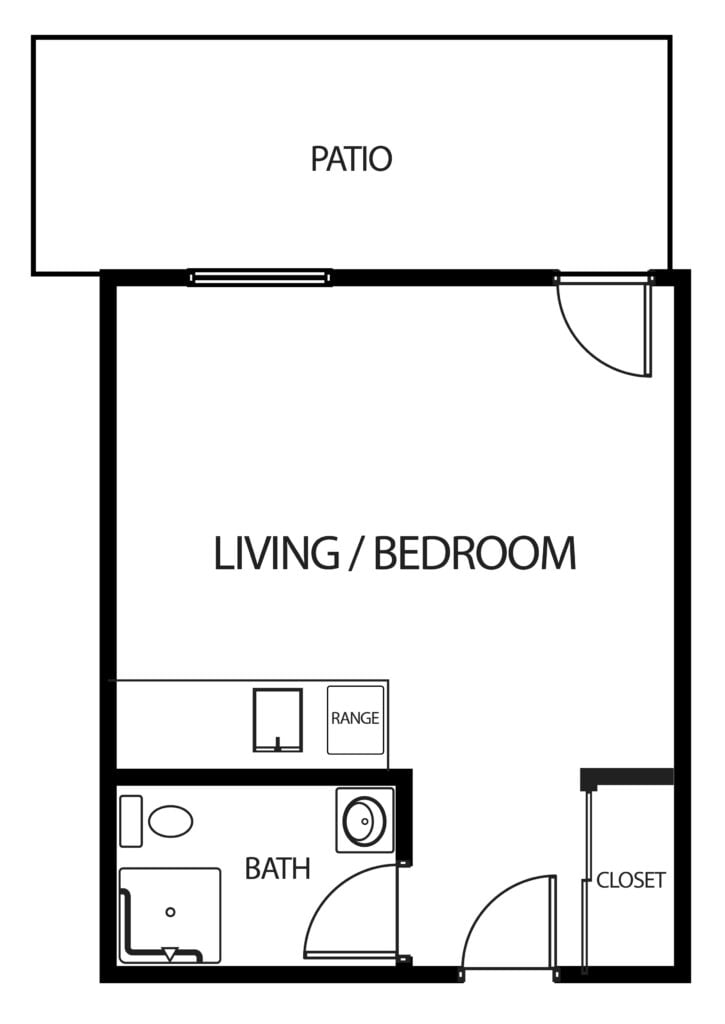 studio apartment with bathroom, patio, kitchenette and closet