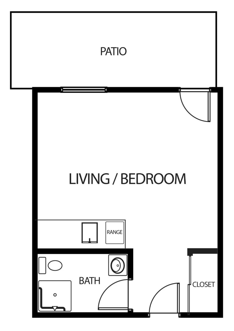 studio apartment with bathroom, patio, kitchenette and closet