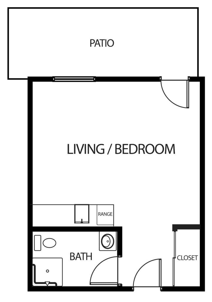 studio apartment with bathroom, patio, kitchenette and closet